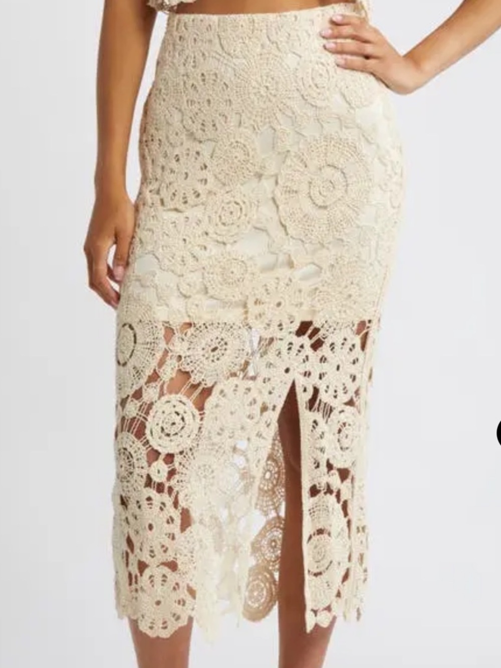 Vero Moda Cream Crochet Lace Midi Skirt with Front Slit